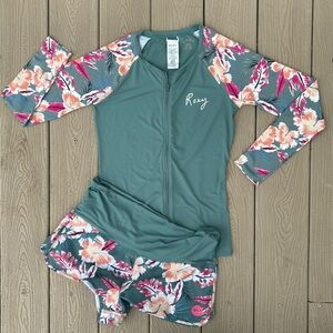 Roxy Teal and Pink Floral Rashguard Jacket & Shorts Set